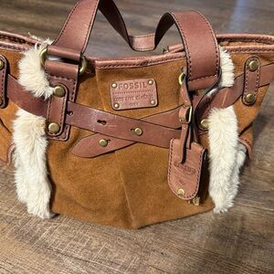 Fossil Tan Suede Tote with Cream Fur Accents